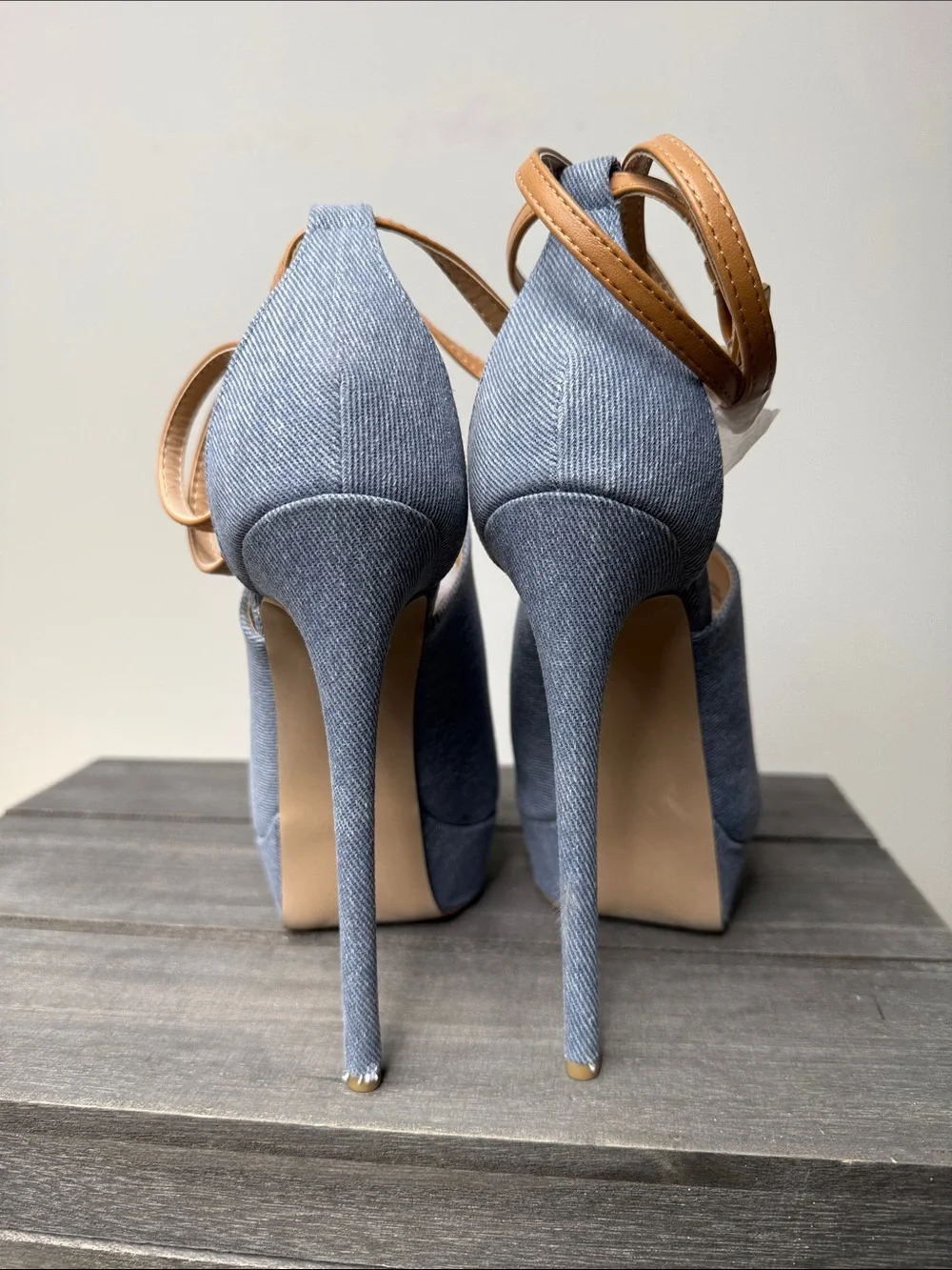 Shoe Dazzle Light Blue Denim Platform Ankle-Tie Stilettos